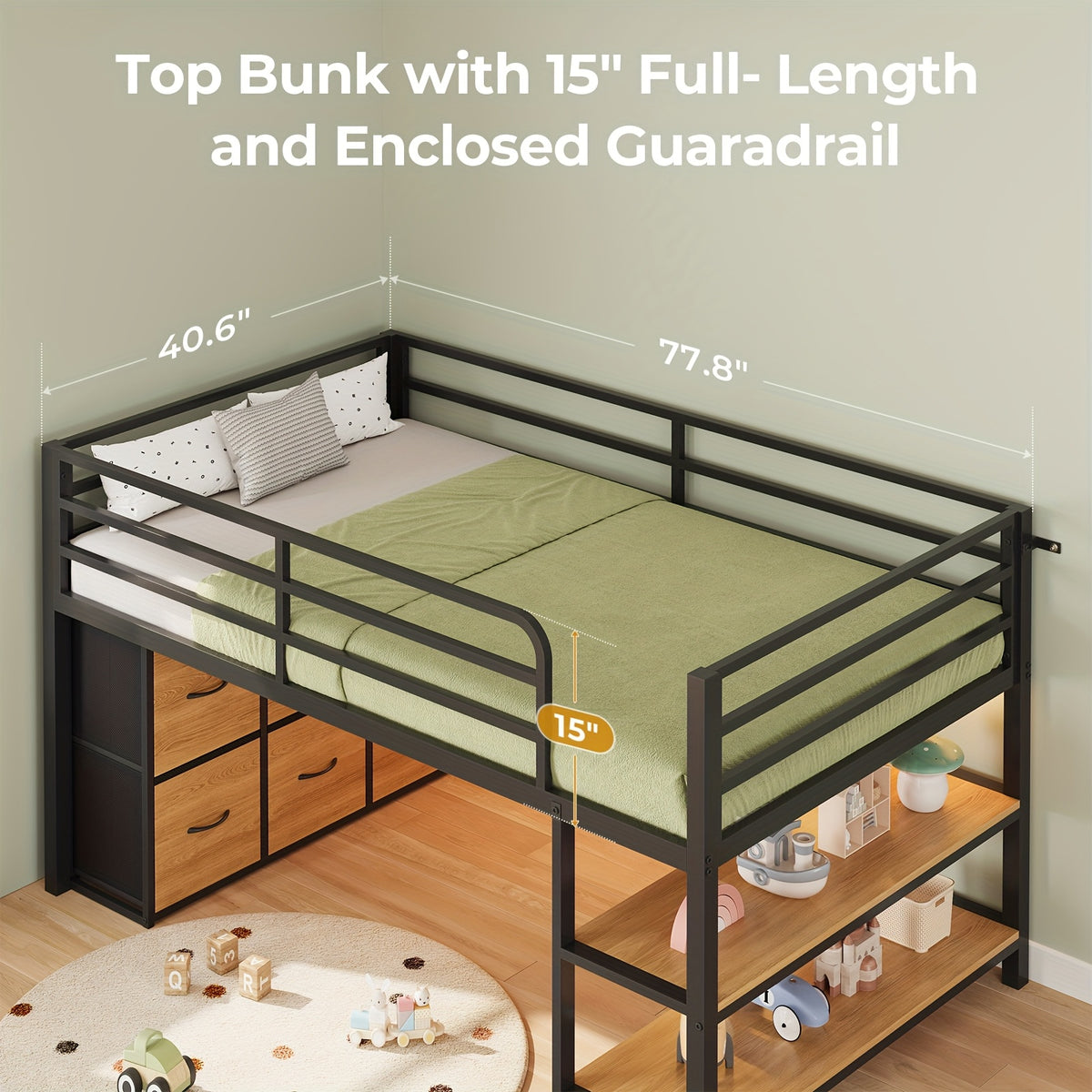 Storage Loft Bed With LED Metal Twin Loft Bed With 6 Storage Drawers & Open Shelves | LED Lights, 15\