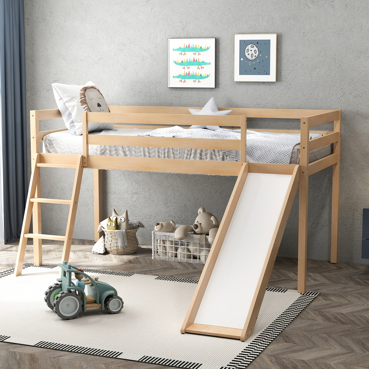 Modern Twin Size Loft Bed with Slide & Stairs, Solid Pine Wood, Space-Saving Design, Safety Guardrails, Anti-Slip Steps, Easy Assembly, Gray Finish for Youngsters' Room or Playroom, Youngsters' Room Furniture | Modern Aesthetic | Natural Finish Bed