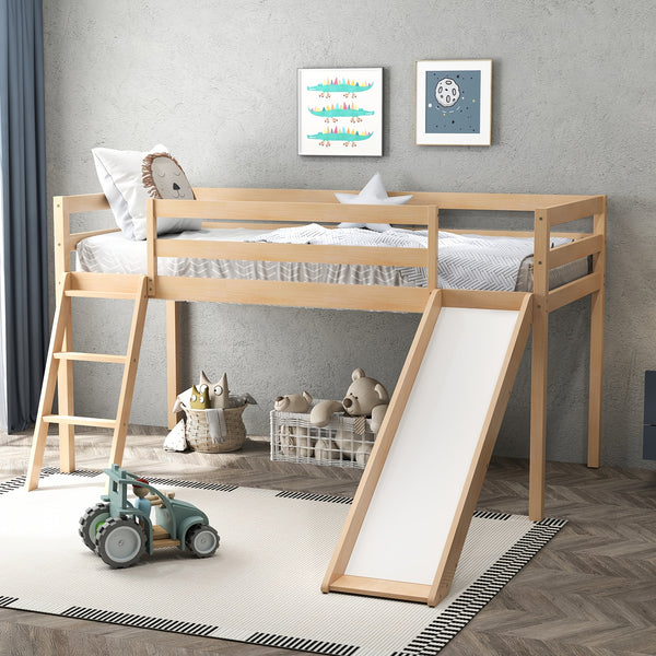 Modern Twin Size Loft Bed with Slide & Stairs, Solid Pine Wood, Space-Saving Design, Safety Guardrails, Anti-Slip Steps, Easy Assembly, Gray Finish for Youngsters' Room or Playroom, Youngsters' Room Furniture | Modern Aesthetic | Natural Finish Bed