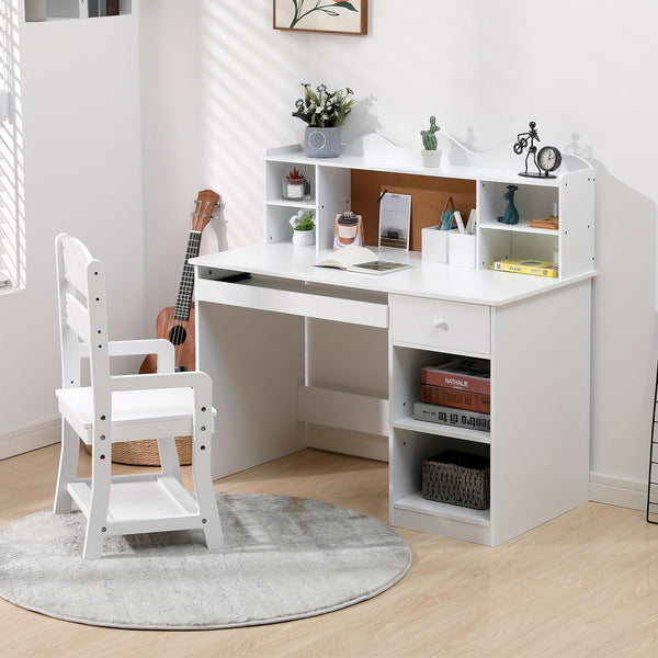 Kids Desk And Chair Set, Wooden Study Table with Storage Shelf, Bulletin Board, Keyboard Stand And Pen Holder