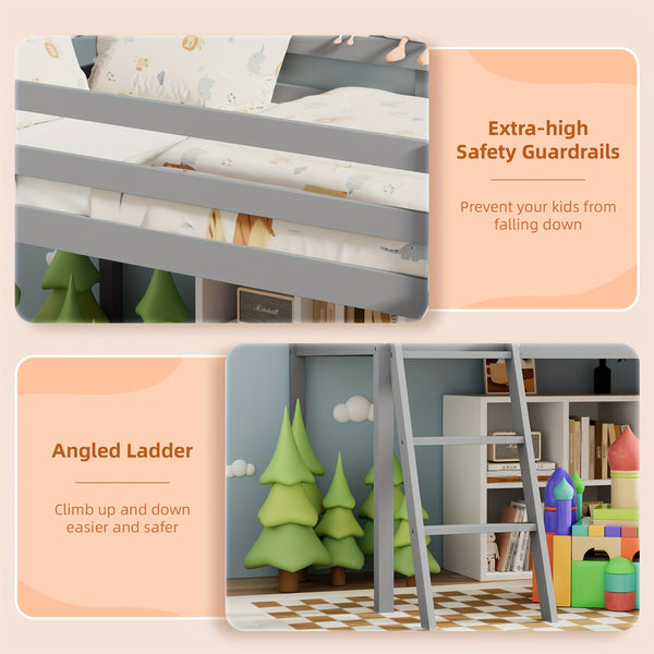 Twin Loft Bed With Slide And Ladder, Solid Pine Wood Bed Frame With Storage Space, Low Height Design, Interchangeable Ladder & Slide, Safety Guardrails