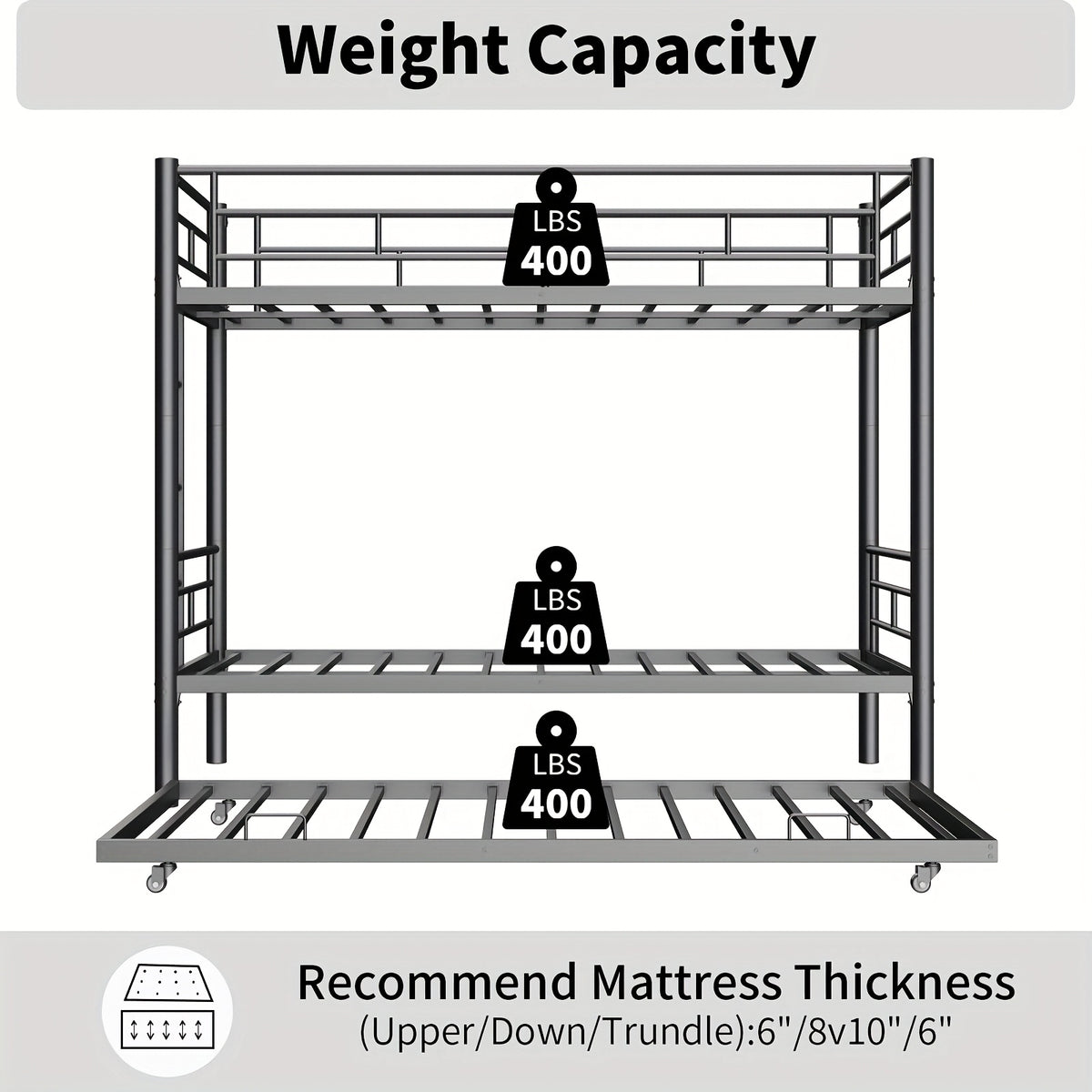 Twin Over Twin Bunk Bed With Trundle, Metal Bunkbeds With Ladder And Full-Length Guardrail, Noise Free, No Box Spring Needed