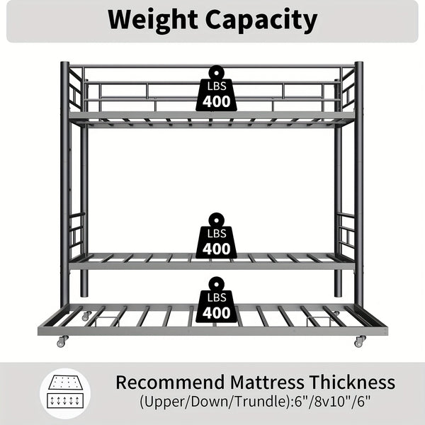 Twin Over Twin Bunk Bed With Trundle, Metal Bunkbeds With Ladder And Full-Length Guardrail, Noise Free, No Box Spring Needed