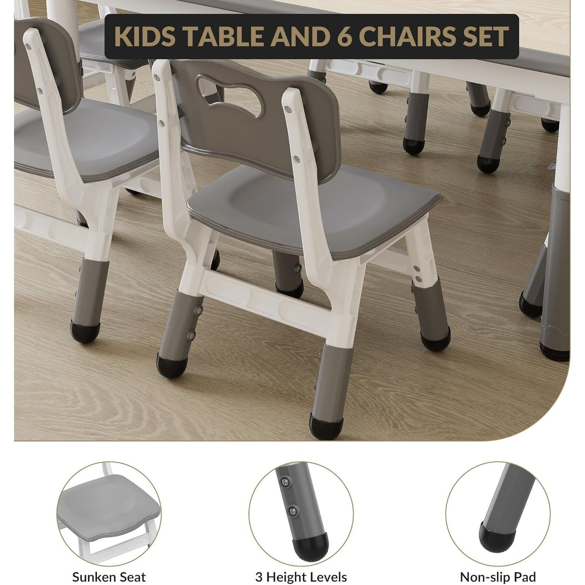 Kids Table and 6 Chairs Set, Height Adjustable Children Table Chair, Anti-Slip Floor Mats Particle Board Easy to Clean Desktop Includes Storage Box and Color Pens for Classrooms Homes Daycares