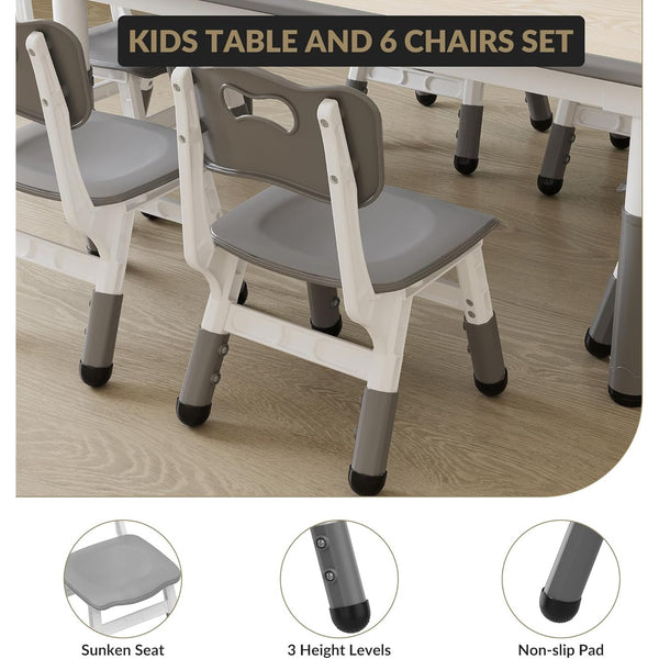 Kids Table and 6 Chairs Set, Height Adjustable Children Table Chair, Anti-Slip Floor Mats Particle Board Easy to Clean Desktop Includes Storage Box and Color Pens for Classrooms Homes Daycares