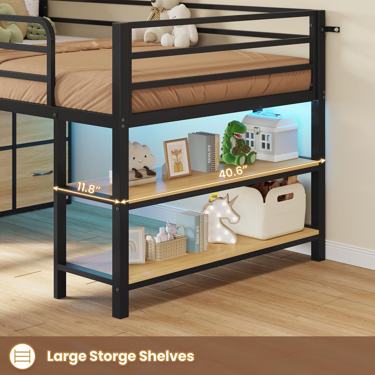 Storage Loft Bed With LED Metal Twin Loft Bed With 6 Storage Drawers & Open Shelves | LED Lights, 15\