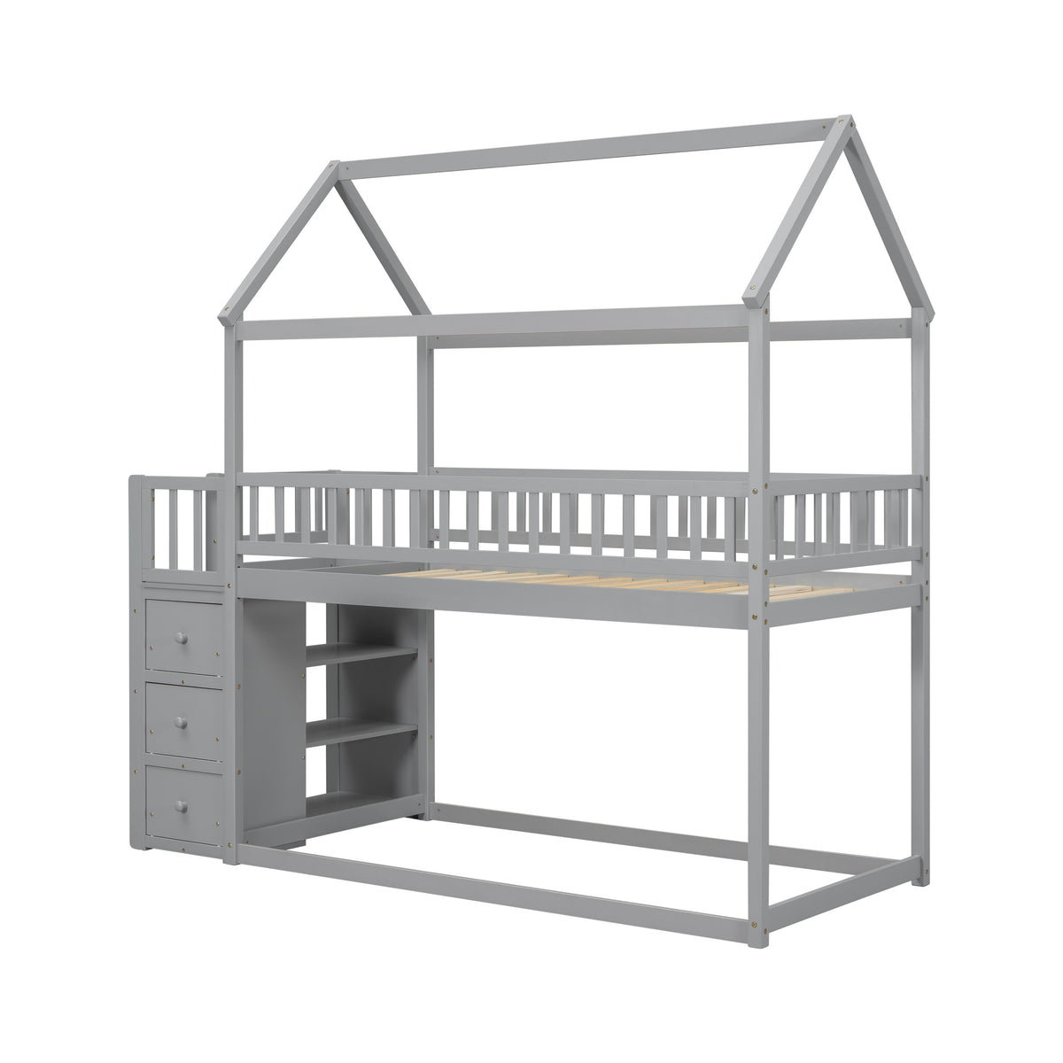 HOUSE BUNK BED WITH SHELVES AND DRAWERS FOR GREY COLOR