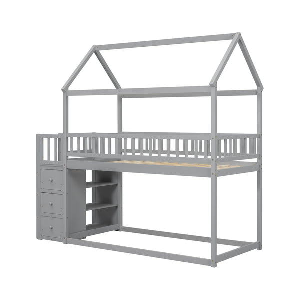 HOUSE BUNK BED WITH SHELVES AND DRAWERS FOR GREY COLOR