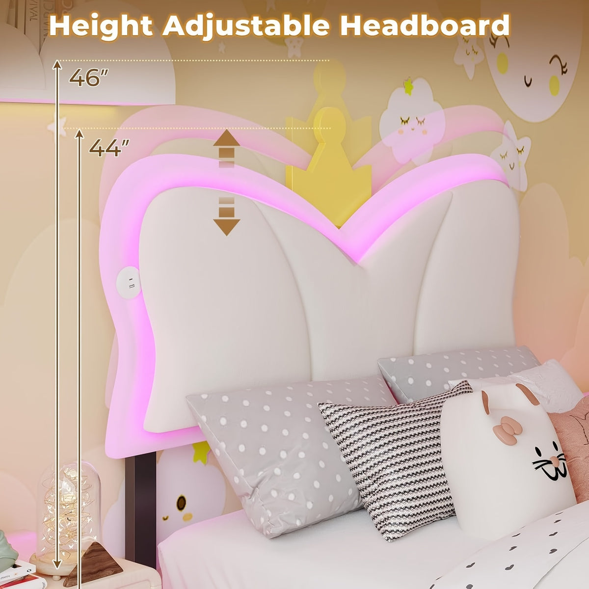 Twin Size Bed Frame With Storage Drawer LED Velvet Bed Frame Cute Girl Princess Twin Bed Butterfly Headboard Design No Box Spring Needed White