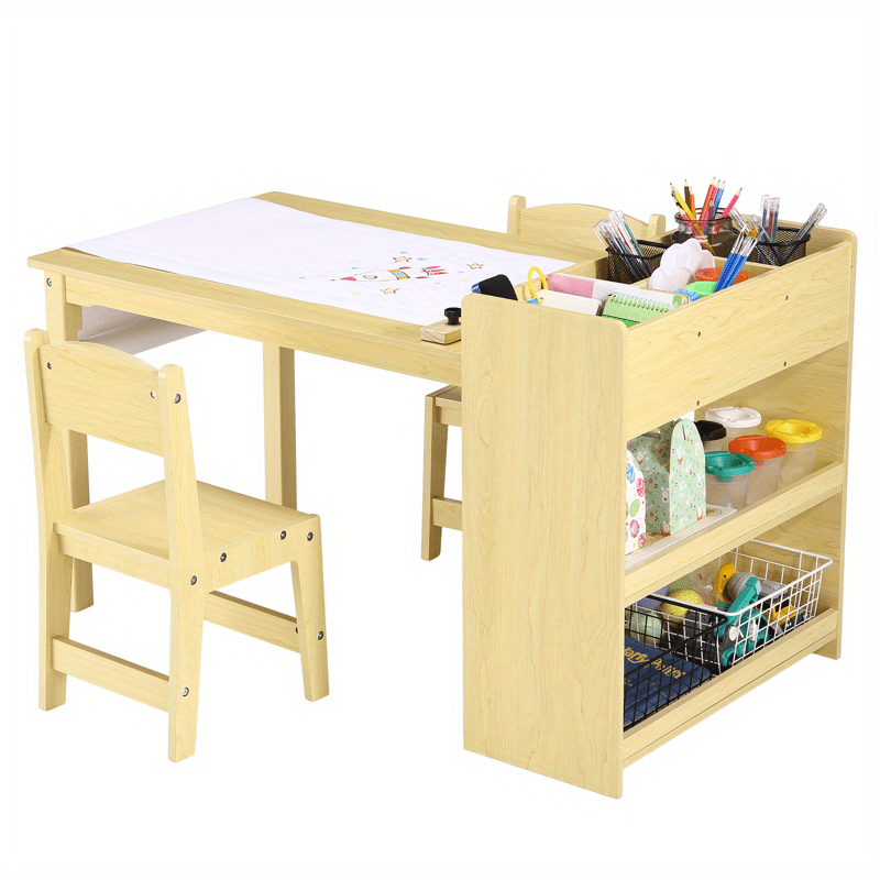 Kids Art Table With 2 Chairs, Toddler Craft Play Wood Activity Desk With Large Storage Shelves, Wood Activity Desk for Writing Drawing Suitable for Nursery & Classroom