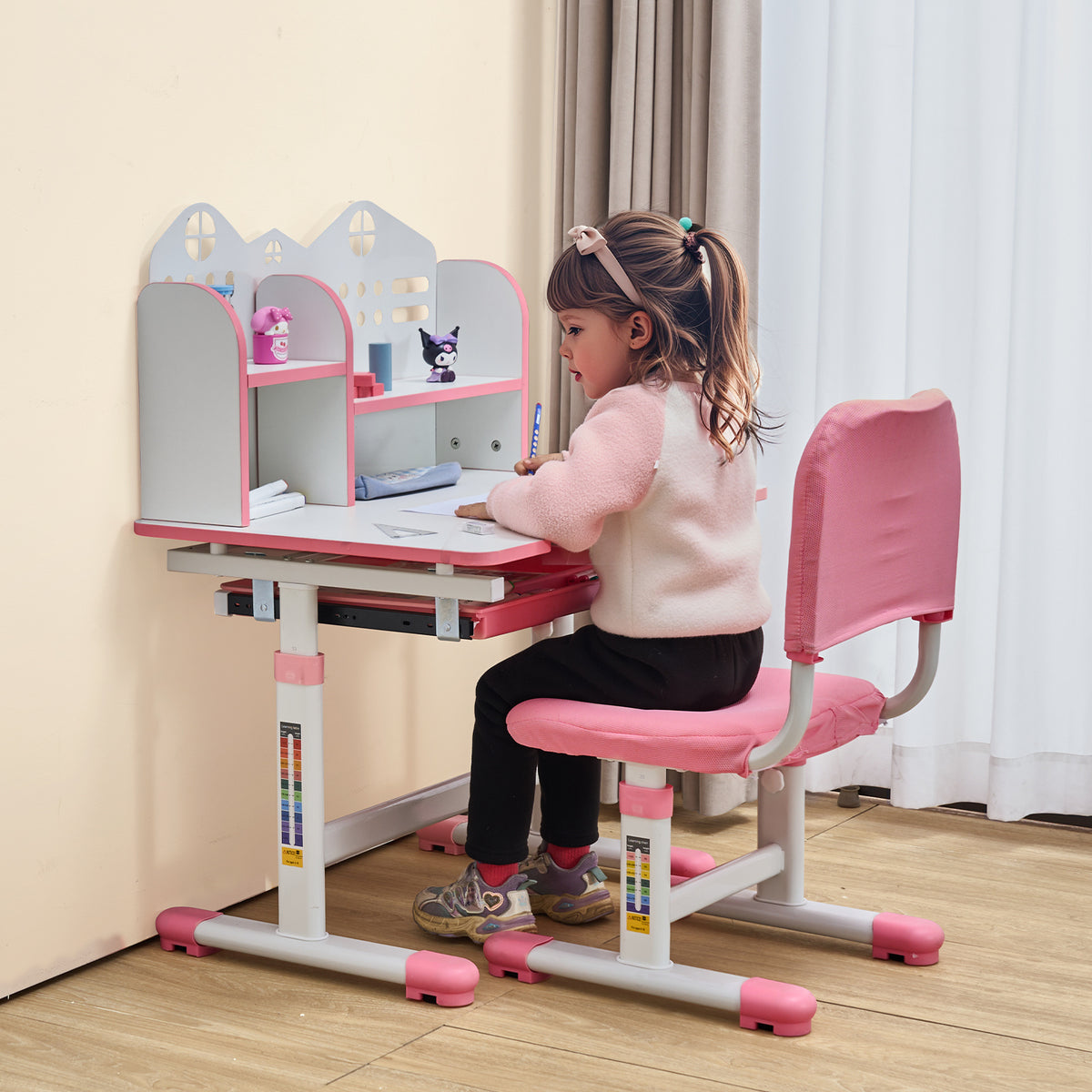 VEVOR Kids Study Chair and Desk Set, Study Desk and Chair for Kids with Bookshelf and Storage Drawer, Adjustable Height Kids Study Desk with Chair, Children Study Table for Bedroom & Study Room, Pink\u002Fblue 20.5-40.34inch\u002F20.5-43.5inch