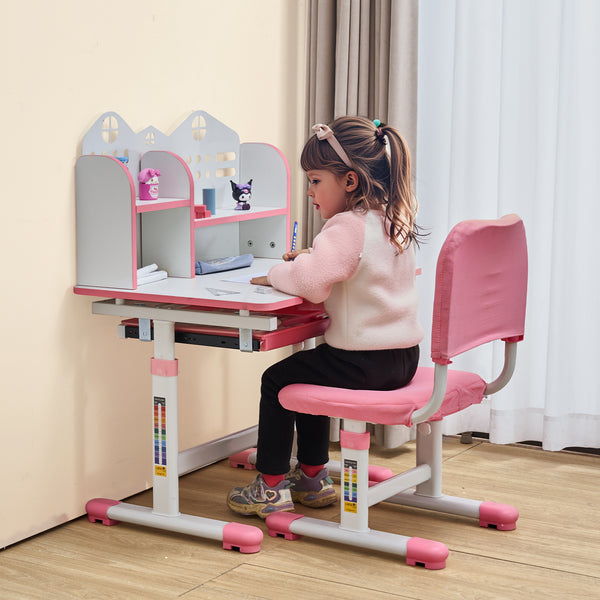 VEVOR Kids Study Chair and Desk Set, Study Desk and Chair for Kids with Bookshelf and Storage Drawer, Adjustable Height Kids Study Desk with Chair, Children Study Table for Bedroom & Study Room, Pink\u002Fblue 20.5-40.34inch\u002F20.5-43.5inch
