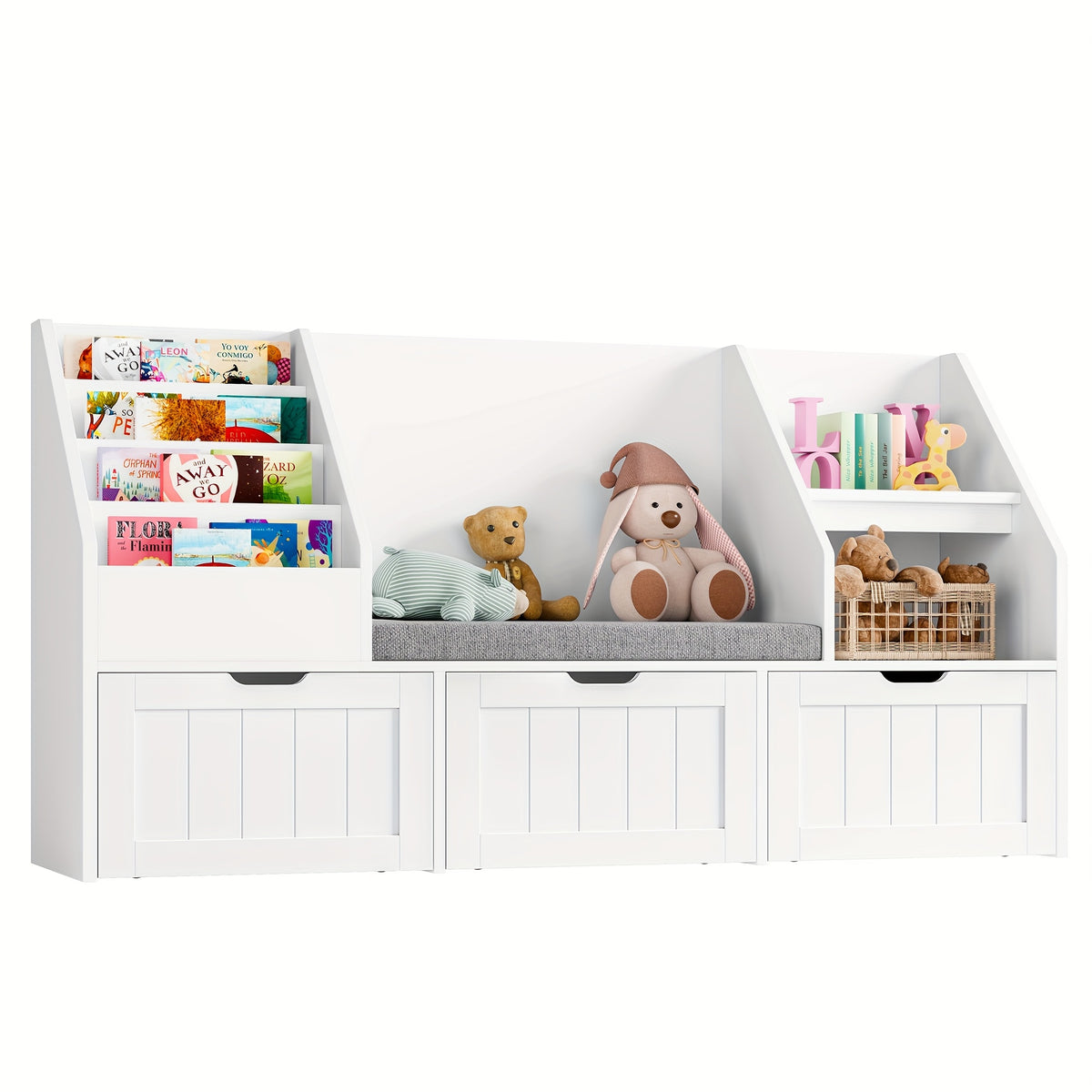 55.1'' White Bookshelf, Bookshelf With Reading Corner, Storage Cabinet With Seat Cushion And 3 Movable Drawers, Storage Bins And Storage Cabinet With Bench For Playroom, Living Room