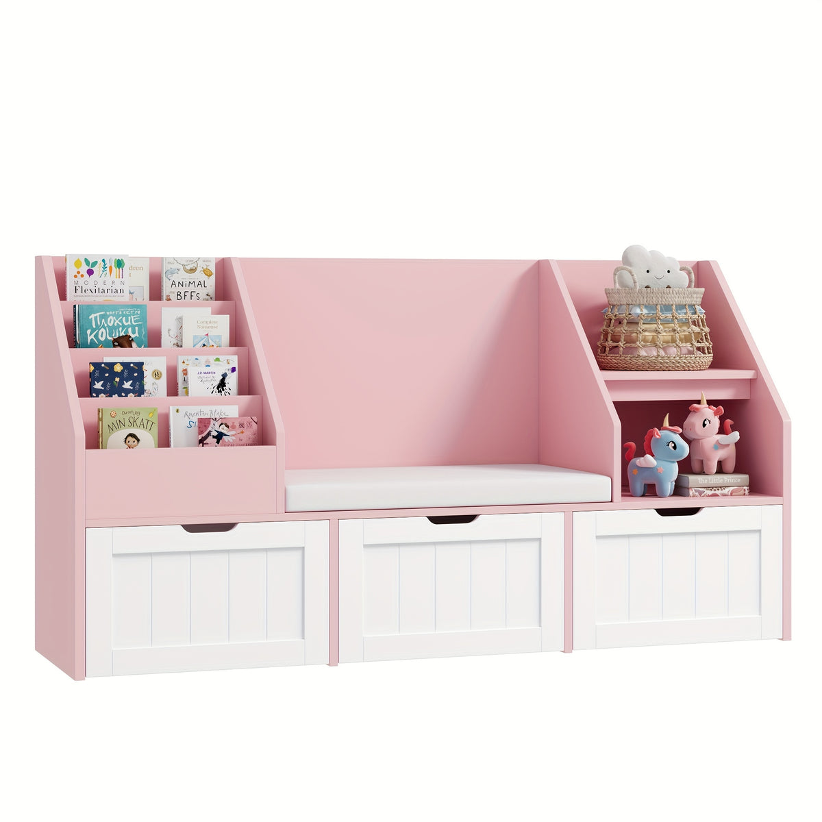 55.1'' White Bookshelf, Bookshelf With Reading Corner, Storage Cabinet With Seat Cushion And 3 Movable Drawers, Storage Bins And Storage Cabinet With Bench For Playroom, Living Room