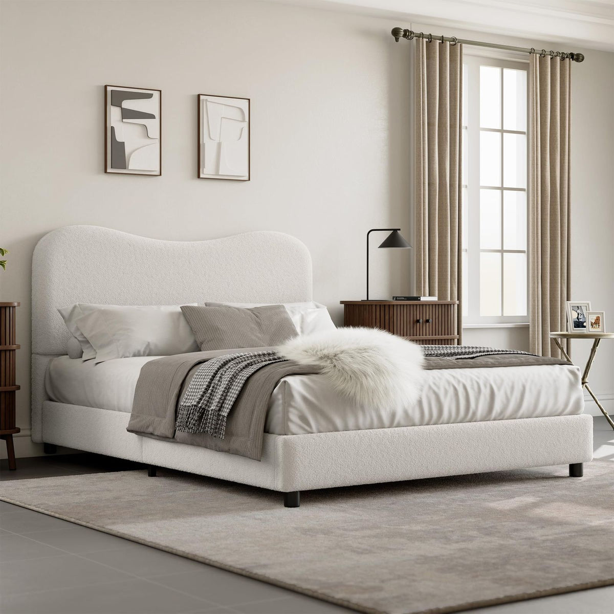 Full Size Bed Frame for Kids with Velvet Upholstered Headboard, Cute Low Profile Platform Bed for Girls and Boys, No Box Spring Needed, Strong Wooden Slats, Noise Free, Easy Assembly, White, Childrens Bed, Kids Bedroom Furniture, Contemporary Design