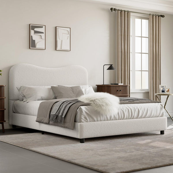 Full Size Bed Frame for Kids with Velvet Upholstered Headboard, Cute Low Profile Platform Bed for Girls and Boys, No Box Spring Needed, Strong Wooden Slats, Noise Free, Easy Assembly, White, Childrens Bed, Kids Bedroom Furniture, Contemporary Design