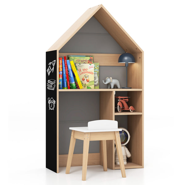 MULTIGOT Kids House-Shaped Table and Chair Set, 2-in-1 Kid's Toy Organizer Cabinet with Ample Storage & Extra Blackboard, Anti-toppling System, Toddler Wooden Desk & Chair for Drawing, Reading, Gift for Boys & Girls