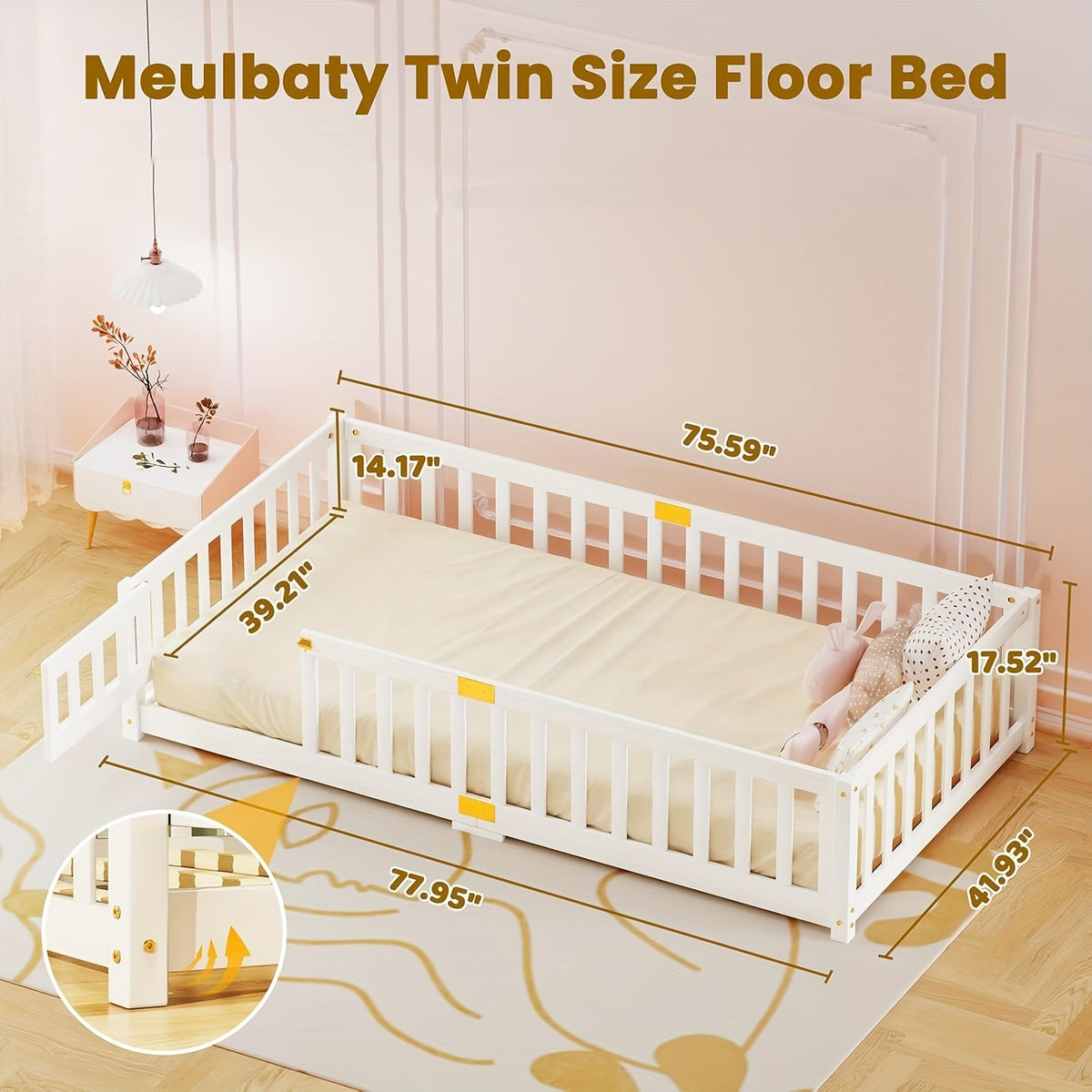MOPHOTO Montessori Toddler Floor Bed With Safety Rails & Lockable Door - Full Size Kids Bed Frame For 1-3 Years Old, Natural Wood Child Bed For Safe Sleep & Independence Without Mattress