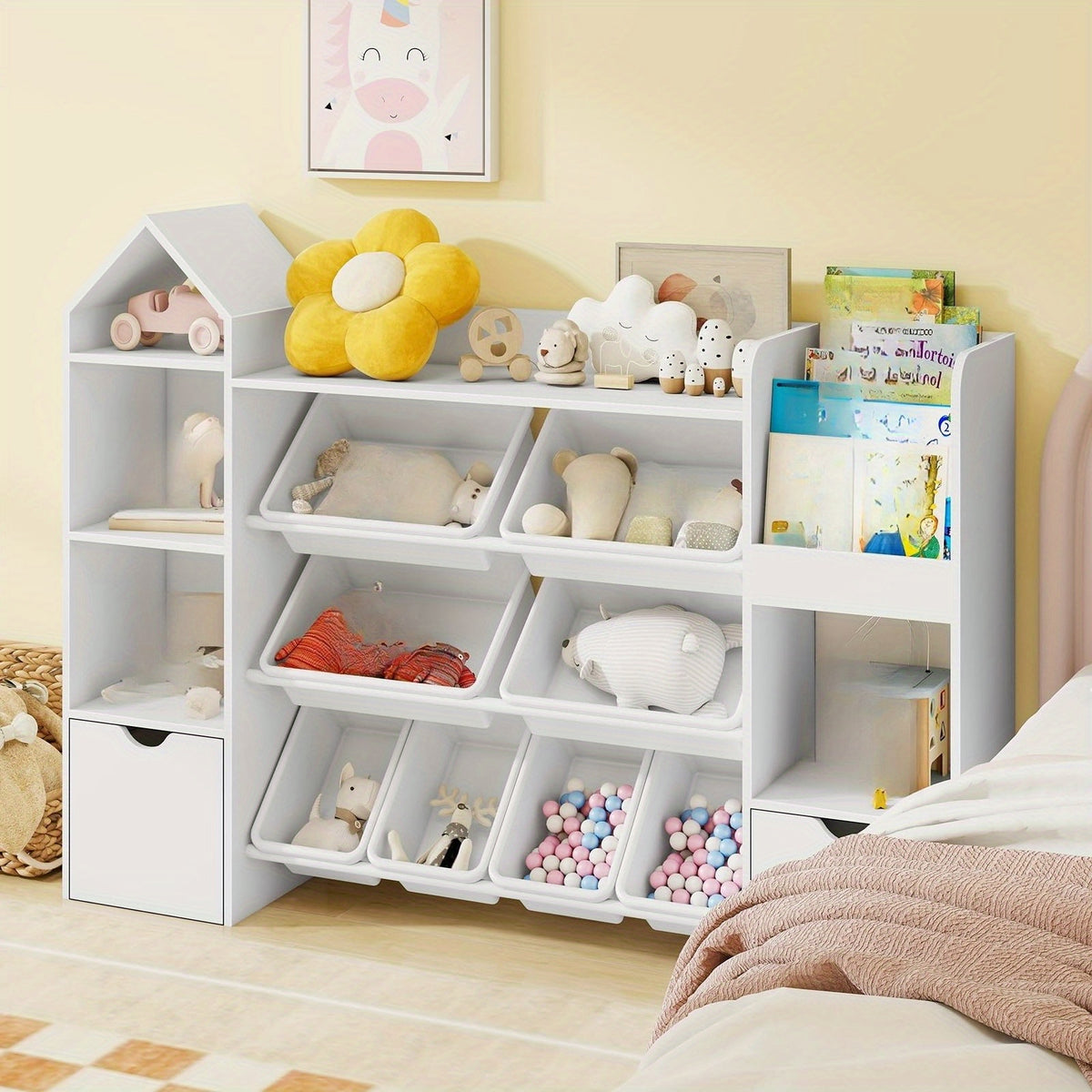 8-Bin Storage Organizer 8 Removable Bins, 4-Tier Shelf with 4 Cubbies Multifunctional Storage Organizer | Bookshelf and 2 Storage Boxes on Wheels, for Living Room, Office, Entryway, White