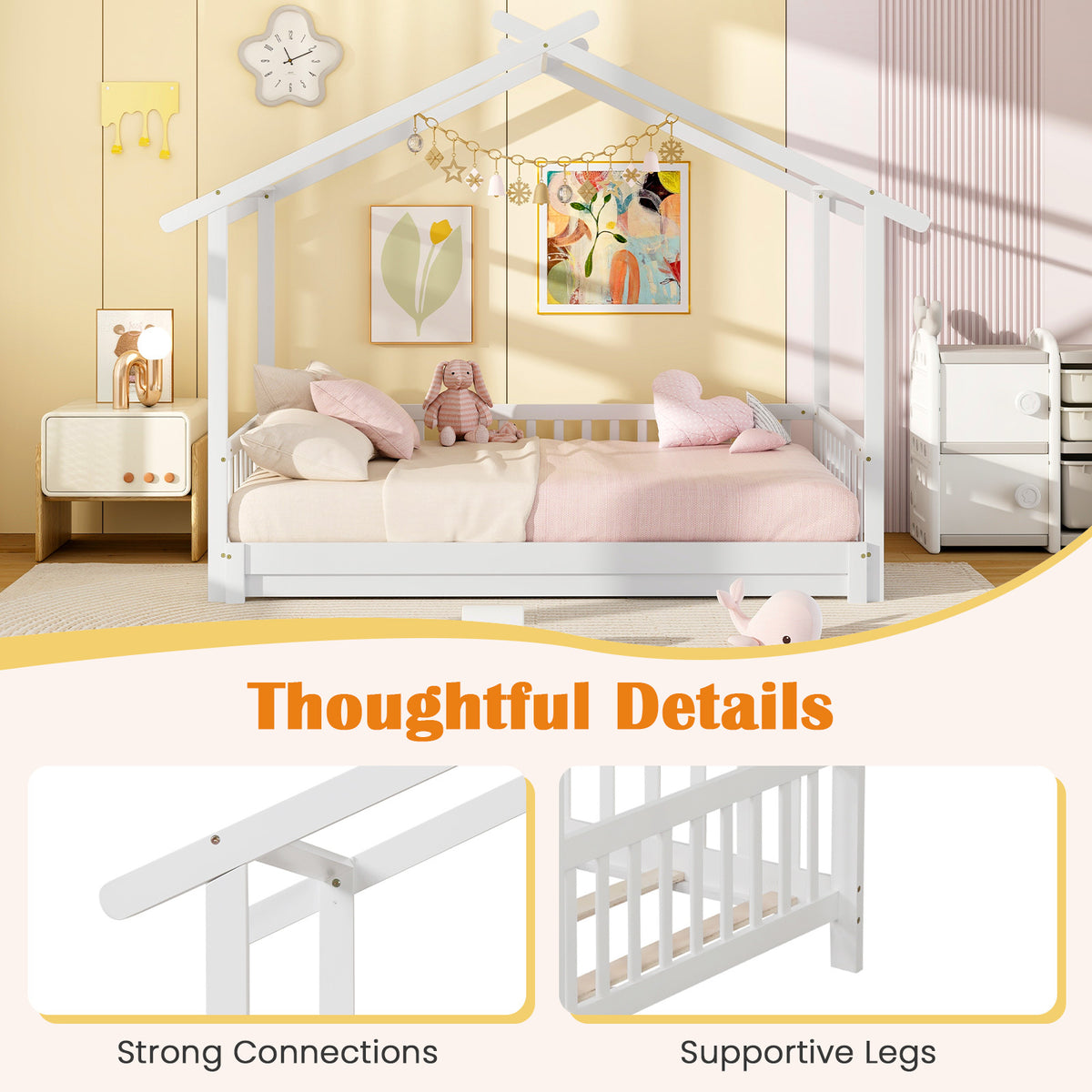 Versatile Extendable Youngsters' House Bed - Twin to King Size, with Roof & Safety Rails, Sturdy Wooden Frame for Teens, Boys & Girls - Easy-Access Low Profile Design, No Box Spring Needed - Available in Gray, Natural, White