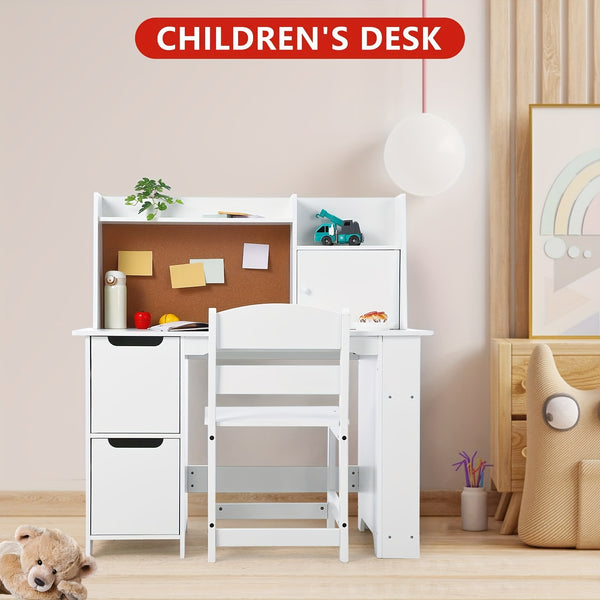 Kids Study Desk and Chair Set with Storage - White Learning Table with Bookshelf, Cabinets & Adjustable Chair, Non-Toxic Durable Kids Furniture for Boys & Girls, Easy Assembly, Compact Desk for, Classroom, Playroom