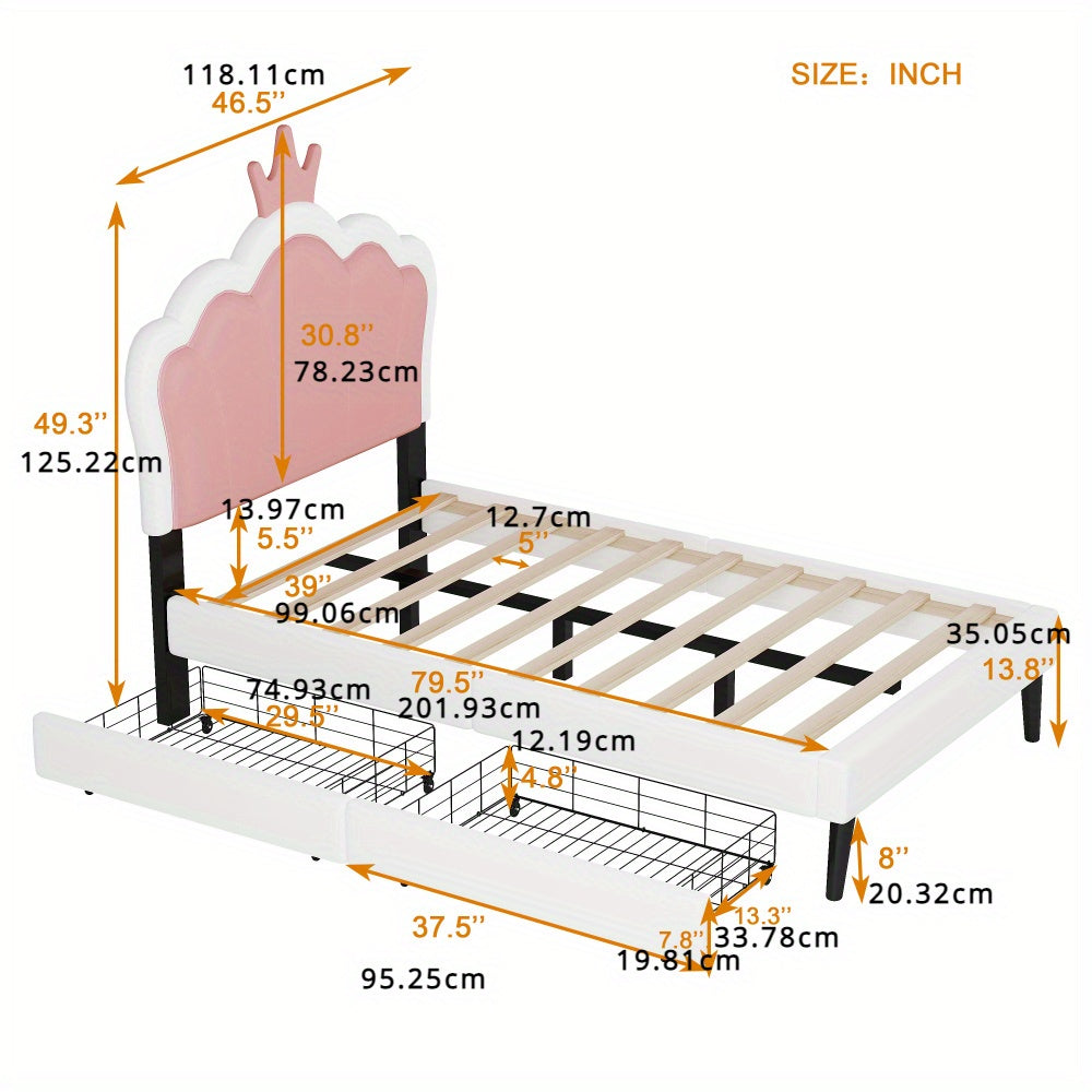 Twin Size Upholstered Princess Bed With Crown Headboard and 2 Drawers, Twin Size Platform Bed with Headboard and Footboard, Pink+White