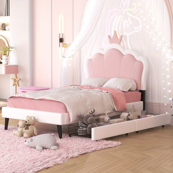 Twin Size Upholstered Princess Bed With Crown Headboard and 2 Drawers, Twin Size Platform Bed with Headboard and Footboard, Pink+White