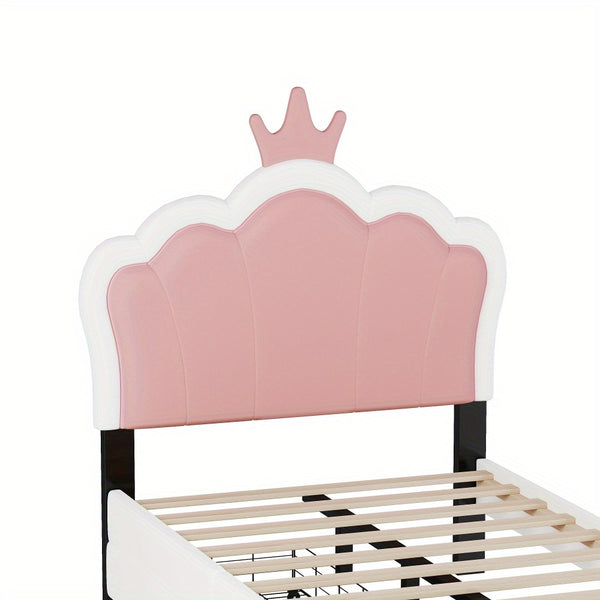 Twin Size Upholstered Princess Bed With Crown Headboard and 2 Drawers, Twin Size Platform Bed with Headboard and Footboard, Pink+White
