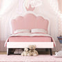 Twin Size Upholstered Princess Bed With Crown Headboard and 2 Drawers, Twin Size Platform Bed with Headboard and Footboard, Pink+White