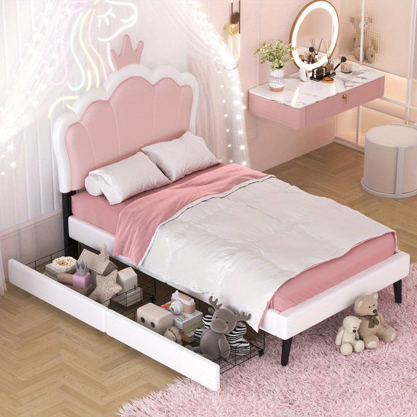 Twin Size Upholstered Princess Bed With Crown Headboard and 2 Drawers, Twin Size Platform Bed with Headboard and Footboard, Pink+White