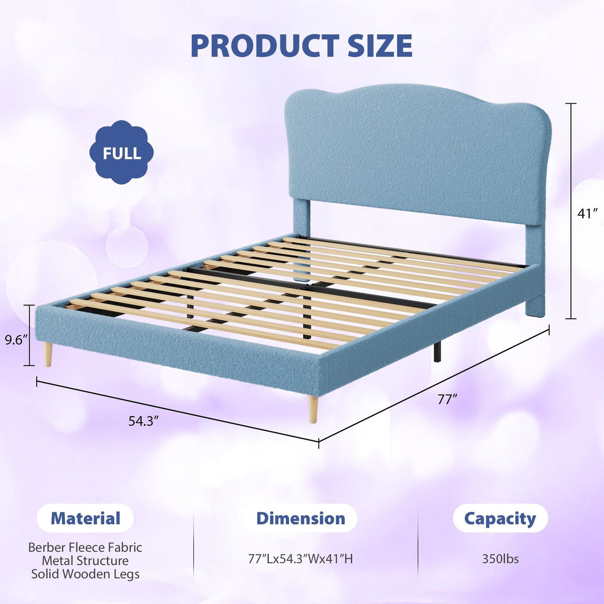 Upholstered Full Size Bed Frame for Kids, Cute Velvet Full Bed with Scallop Headboard, for Girls, Boys, Wooden Slats Support, Quick Assemply, Wooden Slats, Noise Free, Blue, Bed frame, suitable for the bedroom, cozy, as a gift, Bed for