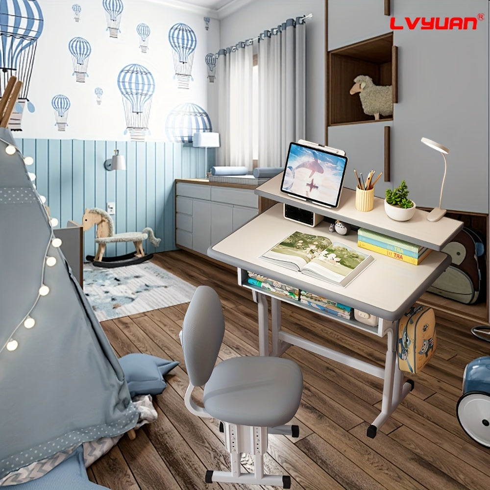 High-quality Children'S Table And Chair Set, Height-adjustable, Ergonomic, Suitable For Children Aged 3-18 Years, Elementary School Students And Adolescents, Gray, Blue, Pink Colors Available