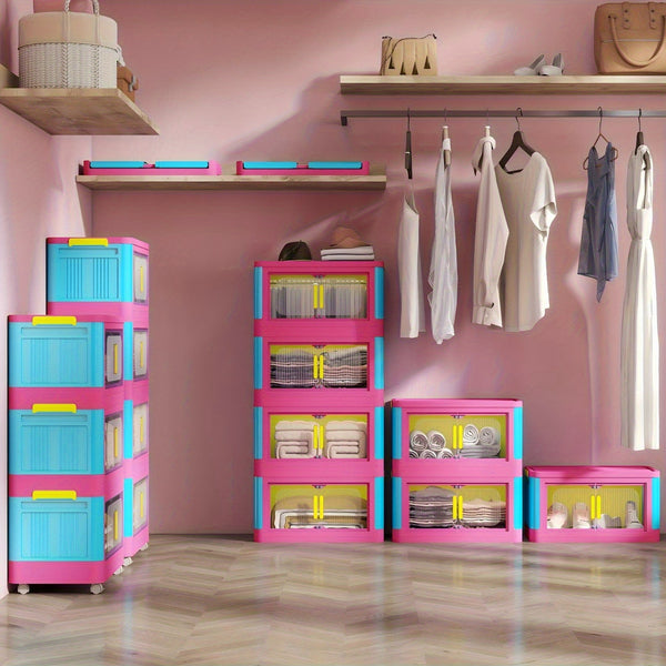 Dopamine Color Storage Organizer 4\u002F5-Tier Foldable Waterproof Storage Box Set | 360° Rotating Wheels & Magnetic Closure | Durable PP Material | Stackable Design | Ideal For Living Room, Office, Bedroom & Pet Supplies 5Tier(19.69x11.81x50 Inches)