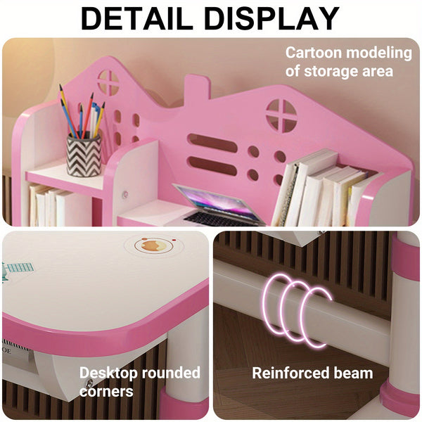 2pcs Set 41.37*28.57*19.11 inch Multi Bookcase Wider Desktop Table and Chair Set Cartoon Pattern Adjustable Height Study Drawer Table with Chair