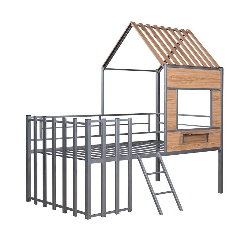 Metal Twin size Loft Bed with Roof Window Guardrail Ladder Silver