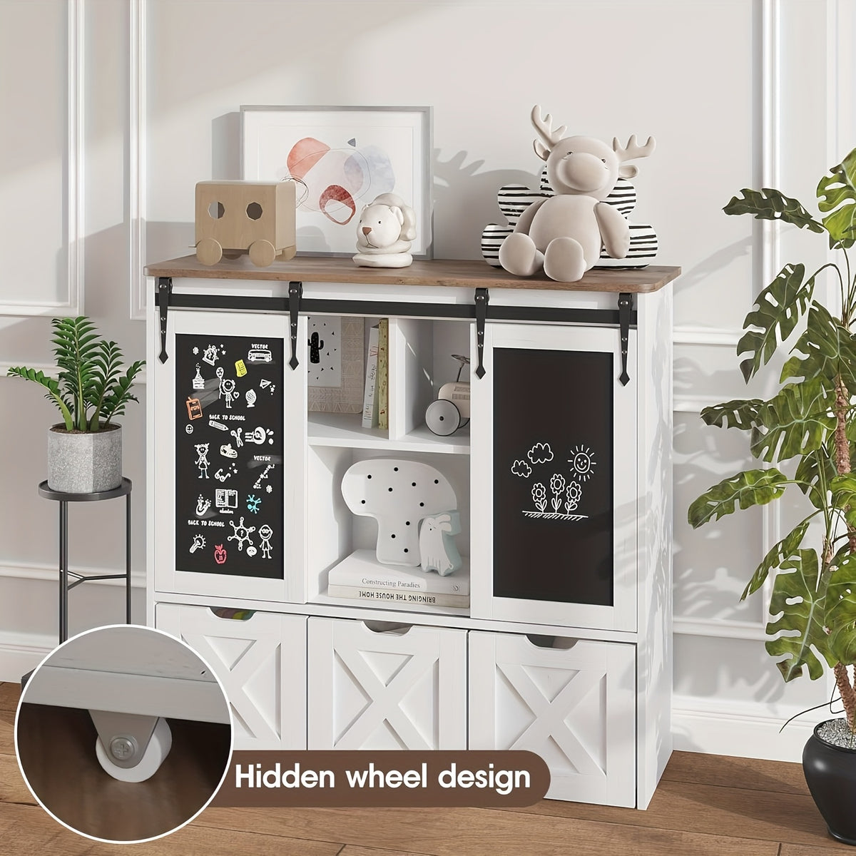 Storage Organizer With Sliding Blackboard, Bookshelf And Bookcase With 3 Movable Drawers & 5 Storage Cubbies, Multifunctional Storage Cabinet Chest For Playroom, Bed Room