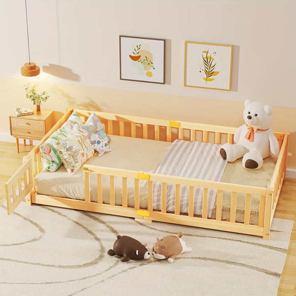 MOPHOTO Montessori Toddler Floor Bed With Safety Rails & Lockable Door - Full Size Kids Bed Frame For 1-3 Years Old, Natural Wood Child Bed For Safe Sleep & Independence Without Mattress