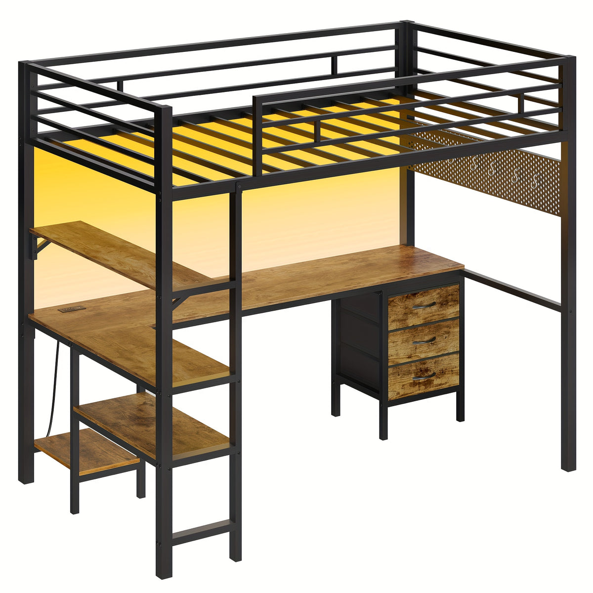Loft Bed with L-Shaped Desk, Twin Size Bed with LED Lights and Charging Station, Twin Metal Loft Bed Frame with Drawers and Shelve, 13.4\