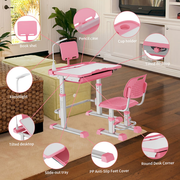 Study Table And Chair Set - Height-adjustable, Tilting Tabletop, Ergonomically Designed Table And Chair for Kids, Primary School Students And Teenagers Aged 3-18 Years (pink, Blue, Grey). Car Accessories, Christmas Gifts