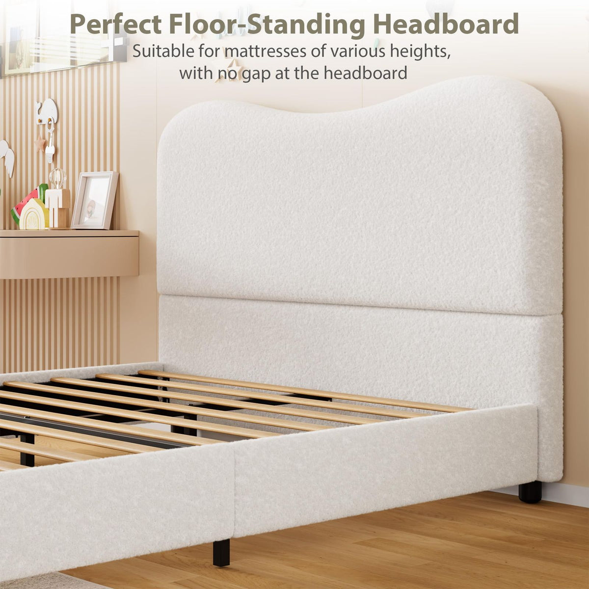 Full Size Bed Frame for Kids with Velvet Upholstered Headboard, Cute Low Profile Platform Bed for Girls and Boys, No Box Spring Needed, Strong Wooden Slats, Noise Free, Easy Assembly, White, Childrens Bed, Kids Bedroom Furniture, Contemporary Design