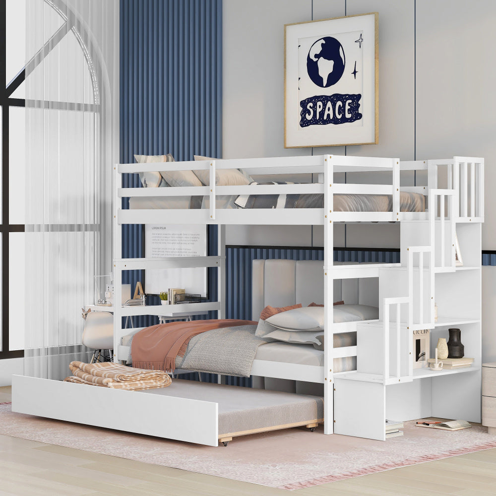 RIDFY Twin over Twin Bunk Bed with Twin Trundle & Stairway Storage - Space-Saving Hardwood Frame, Retro Style, Easy Assembly, Grey - Ideal for Youngsters' Rooms, Guest Bedrooms, Dorms