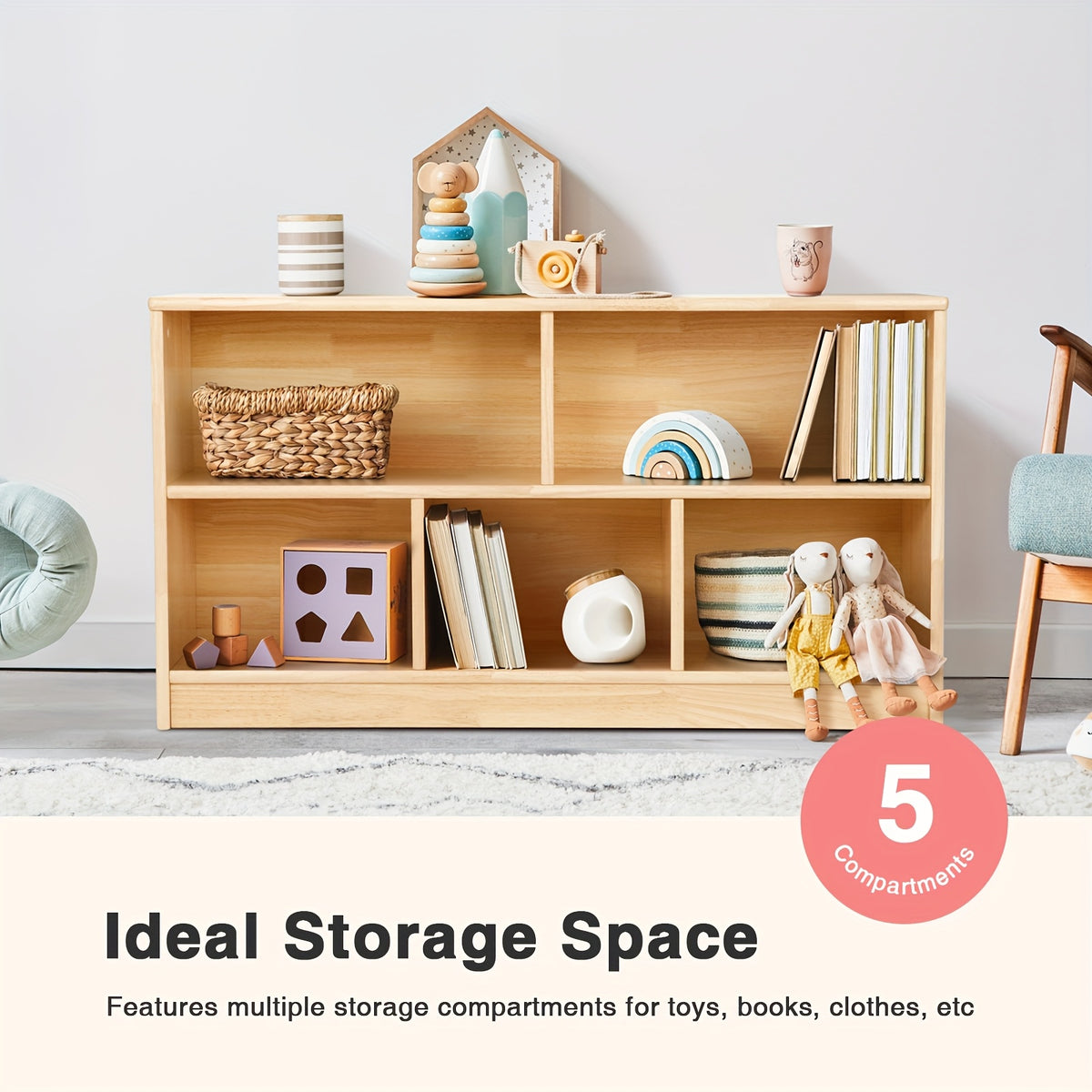 All Solid Rubber Wood Shelf - 5-Compartment 43.3\