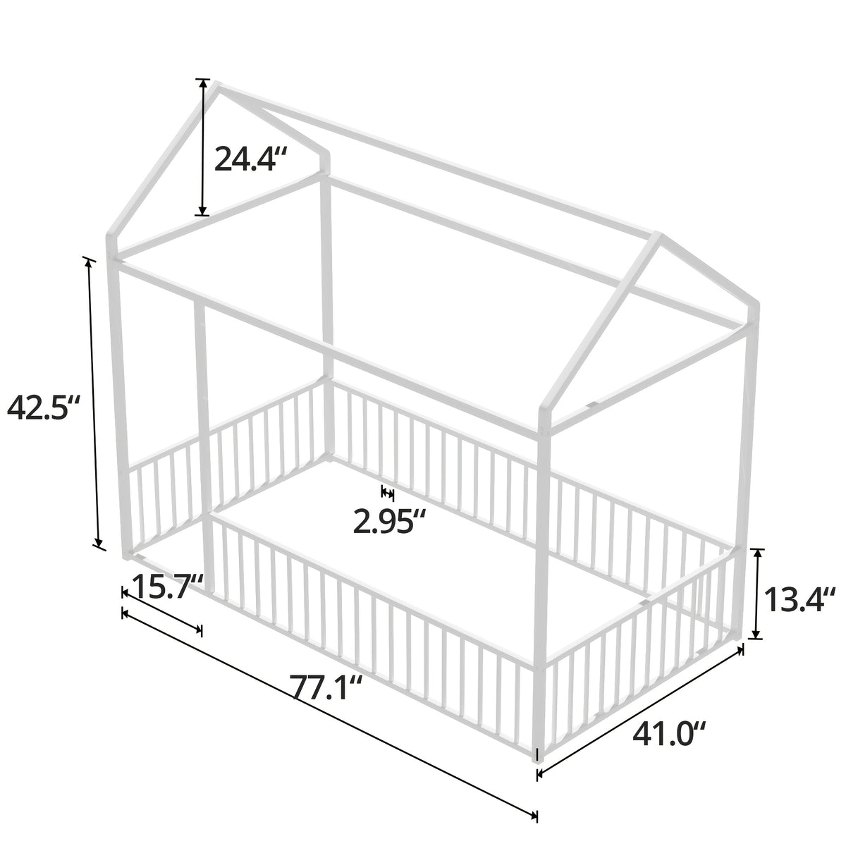 Twin\u002FFull Size Metal Floor Bed, Floor Bed Frame With Safety Fence For Bedroom, Can Be Decorated, No Box Spring Needed, Black And White