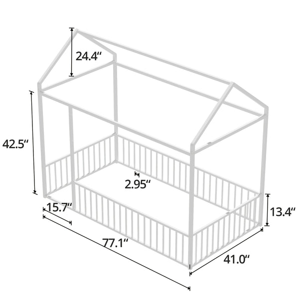 Twin\u002FFull Size Metal Floor Bed, Floor Bed Frame With Safety Fence For Bedroom, Can Be Decorated, No Box Spring Needed, Black And White