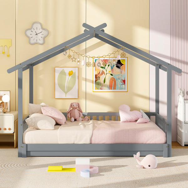 COSTWAY Adjustable Kids Bed Frame, Classic Style Wooden Daybed with Roof and Side Rails, Extendable from Twin to King Size, Hardwood and Wood-Based Panel Construction, with No Box Spring Required for Children 6-12 Years Old