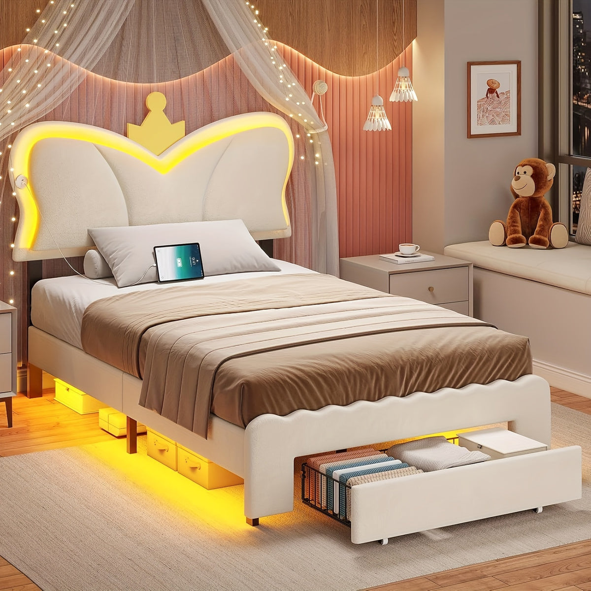 Twin Size Bed Frame With Storage Drawer LED Velvet Bed Frame Cute Girl Princess Twin Bed Butterfly Headboard Design No Box Spring Needed White