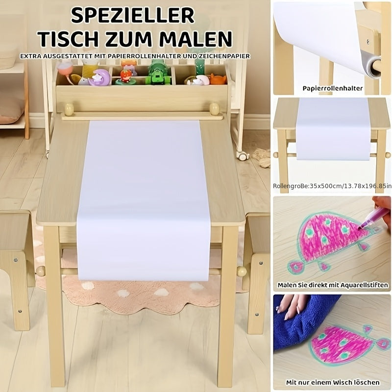Children'S Table With 2 Chairs, Children'S Seating Group With Storage Space, Wooden Children'S Table Chair Set, Painting Table Desk With Paper Roll And 4 Storage Boxes, Children'S Table For School Daycare