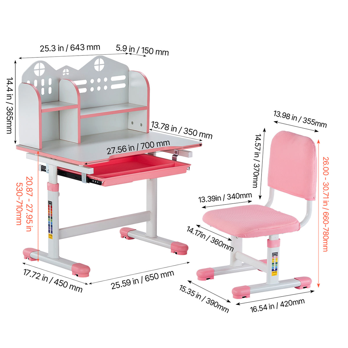 VEVOR Kids Study Chair and Desk Set, Study Desk and Chair for Kids with Bookshelf and Storage Drawer, Adjustable Height Kids Study Desk with Chair, Children Study Table for Bedroom & Study Room, Pink\u002Fblue 20.5-40.34inch\u002F20.5-43.5inch