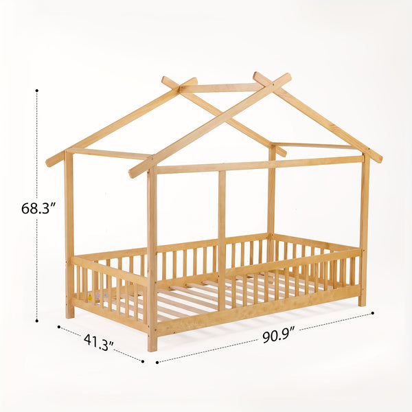 SOGES Wood Montessori House Bed Frame – Low Floor Bed With Fence & Guardrails, Bed Frame With House Roof Canopy, Decoratable Playhouse Bed, No Box Spring Needed
