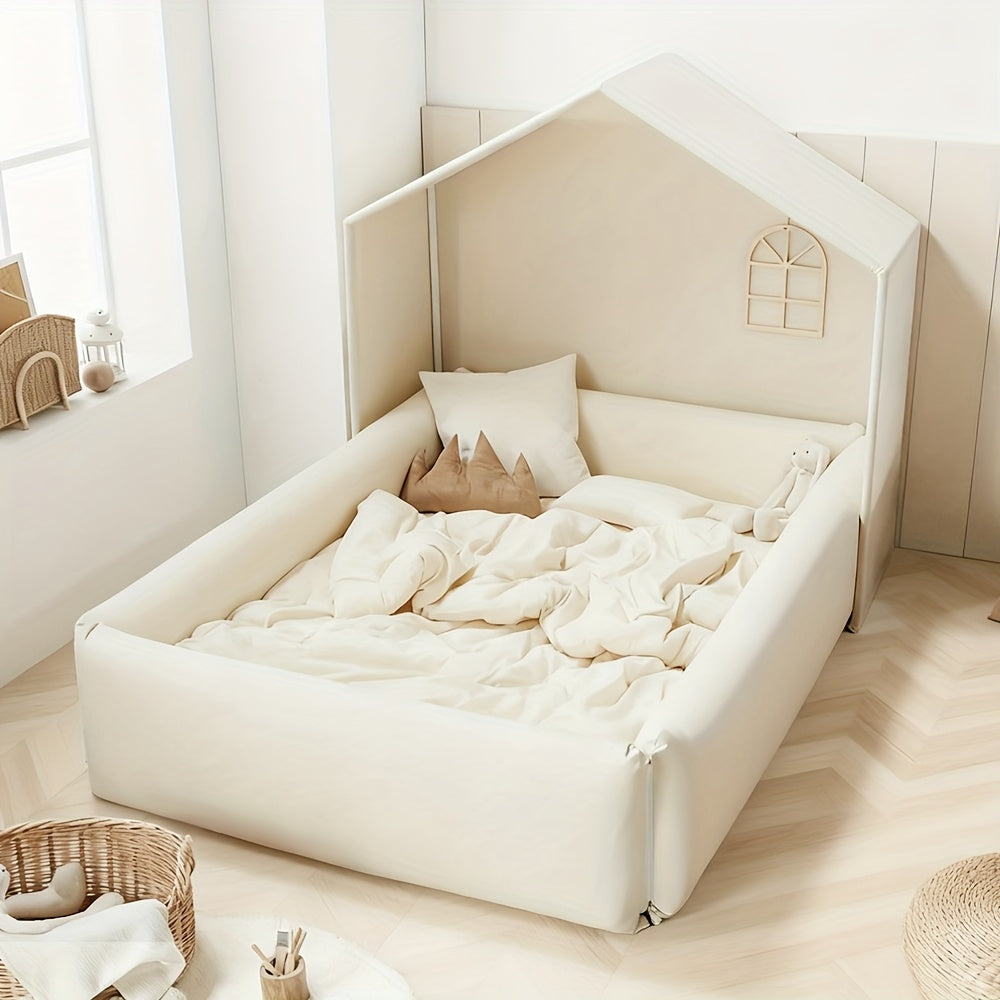 Indoor Playhouse Bed with Soft Sponge Guardrail - Portable White Tent-like Playpen, Baby- Fence for &, Easy-to-Assemble Bed Frame for, Non-Wood Durable Children's Bed Surround